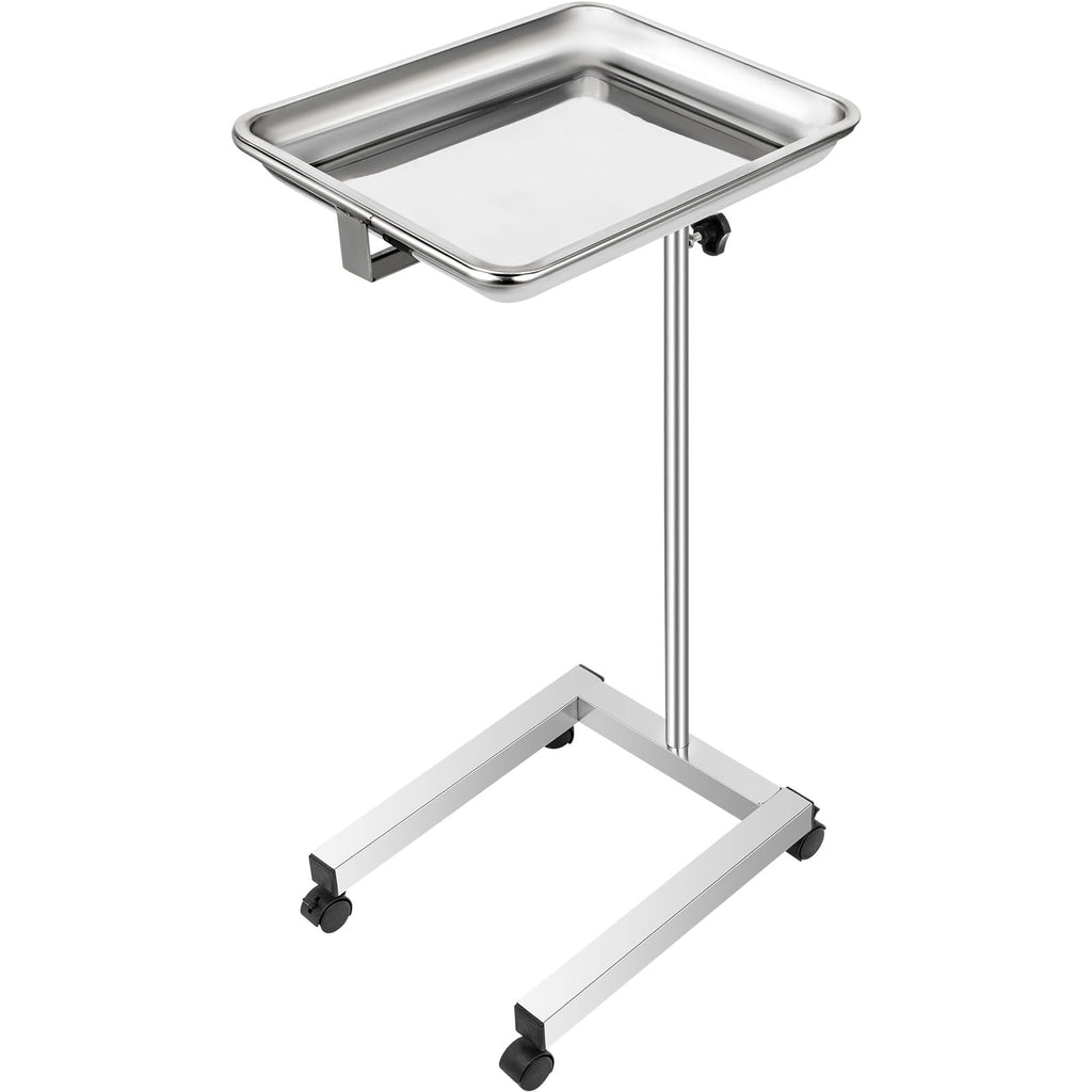 Lab Cart, Stainless Steel Mayo Tray Stand 18 x 14 in Trolley Mayo Stand, Adjustable Height 32-51 in Instrument Tray with Removable Tray & 4 Omnidirectional Wheels, Ideal for Home Equipment
