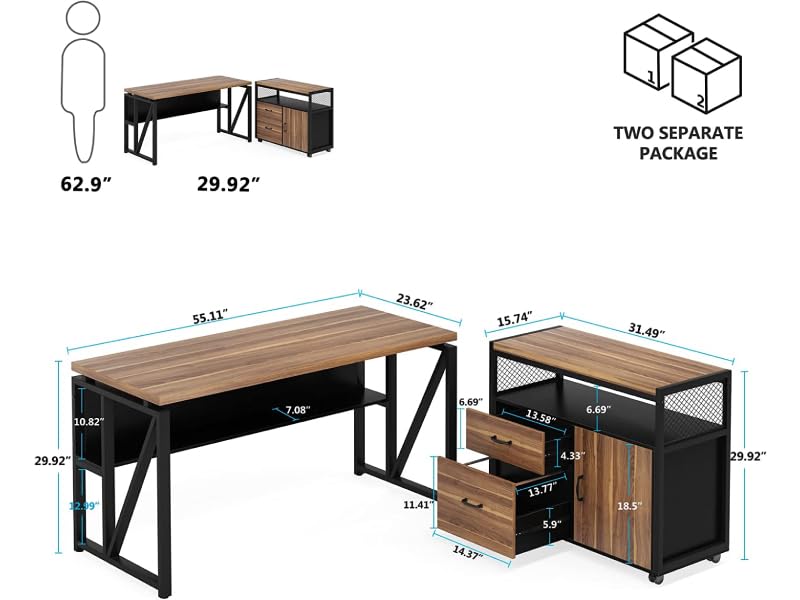 55" Executive Desk with Reversible File Cabinet, Large L-Shaped Office Desk with Drawers, Business Furniture Workstation for Home Office (Dark Walnut, 55-inch)