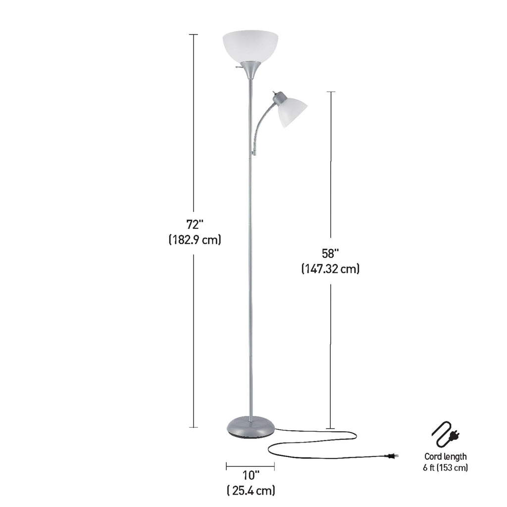 72" Torchiere Floor Lamp and Adjustable Reading Light, Silver, Frosted Shade, Dual Rotary Switch, 3-Step Dimming, Modern Lighting for Living Room or Office, Timeless