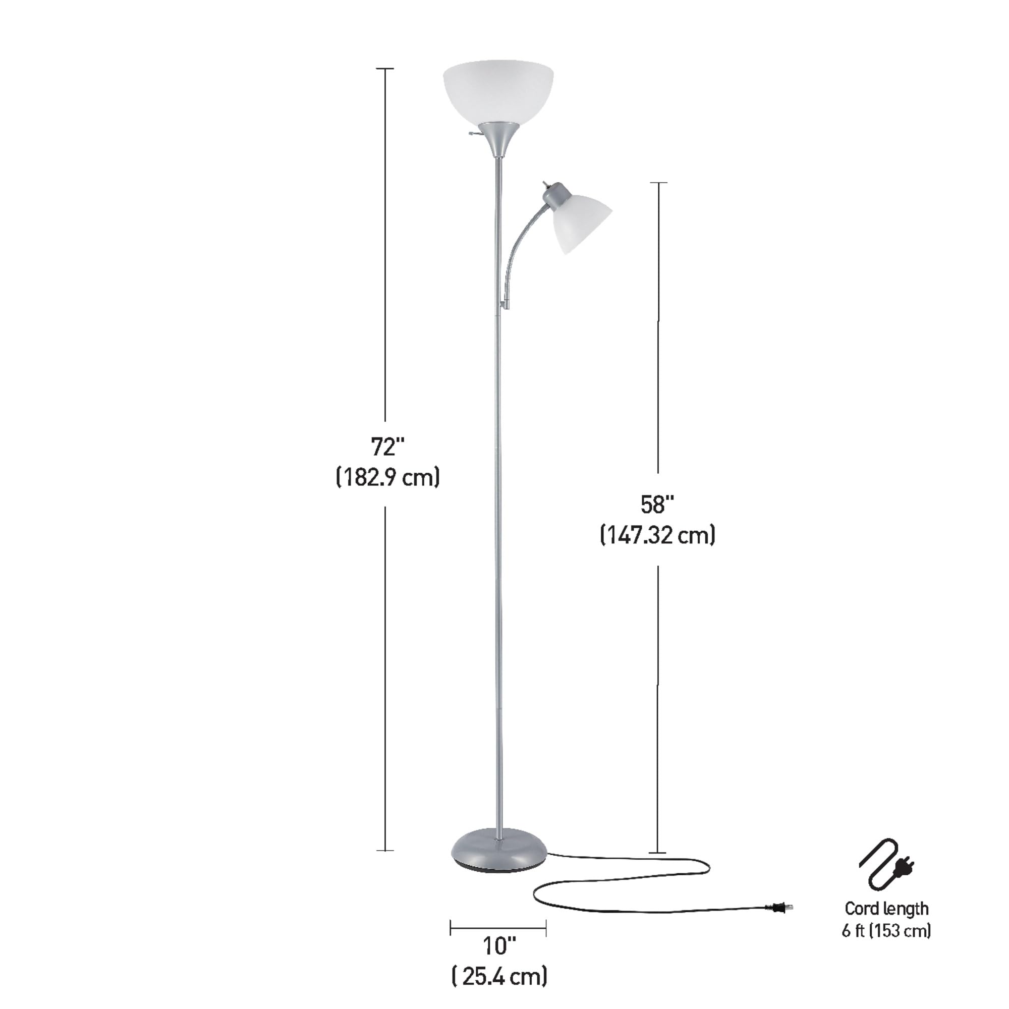 72" Torchiere Floor Lamp and Adjustable Reading Light, Silver, Frosted Shade, Dual Rotary Switch, 3-Step Dimming, Modern Lighting for Living Room or Office, Timeless