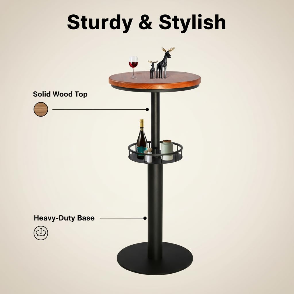 42" Tall Rustic Industrial Bar Table with Storage-19.68" Dia Round Wooden Top Metal Bar Height Adjustable Standing Pub Table-Dining Room Cocktail Bistro Table
