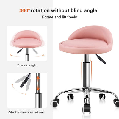 PU Leather Round Rolling Stool with Back Rest Height Adjustable Swivel Drafting Work SPA Task Chair with Wheels Pink