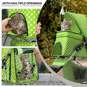 3 Wheels Pet Dog Cat Stroller for Small Medium Dogs Cats, Foldable Jogger Stroller w/Storage Basket and Cup Holder, Lawn Green Polka Dots