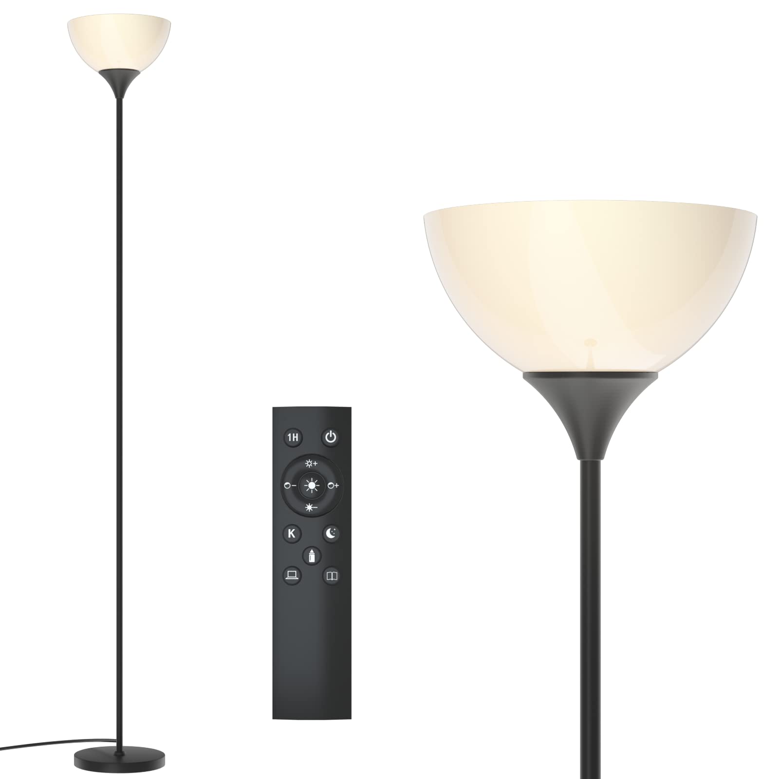 Floor Lamp, Remote Control with Stpeless Color Temperatures and Brightness, Torchiere lamp for Bedroom, Living Room, Bulb Included (Matte Black)