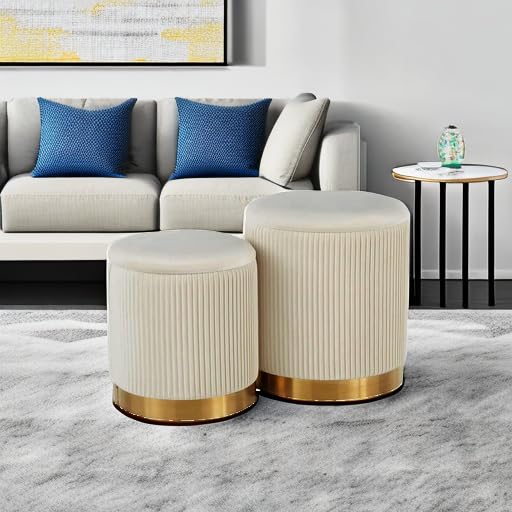 Round Ottoman with Storage Set of 2 Vanity Stool Foot Rest with Removable Lid White Velvet Storage Ottoman Stool for Living Room and Dorm