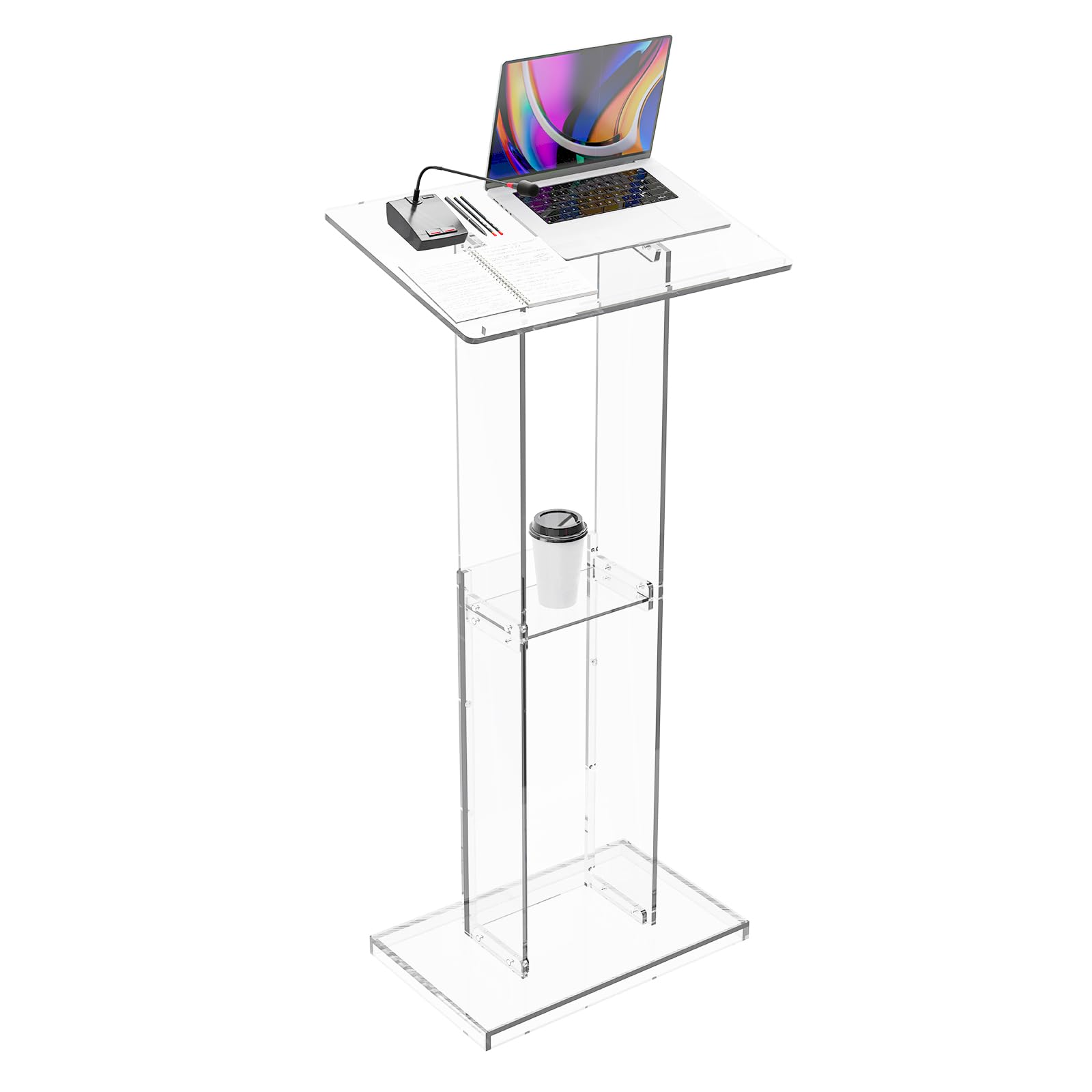 Acrylic Clear Lecterns Podium Stand, 50 Inch - Pulpits for Classrooms, Weddings, Churches, Conference, Speeches, Professional Presentation Podiums with Storage Shelf (Transparent)
