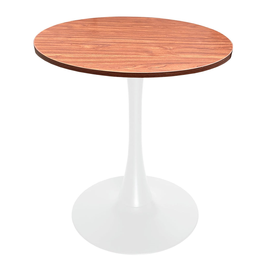 27" Wide Round Dining Table, Modern MDF Wood Top & White Metal Pedestal Base Gloss Finish Accent Table Mid-Century Café Table, Kitchen Dining Room Furniture, Cognac Brown