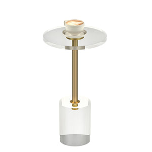 Clear Acrylic End Table, Modern Minimalist Round Side Table with Solid Base for Living Room, Bedroom, and Office, 12x12 inch, Easy Assembly, Transparent Design, Brushed Brass Metal Accent