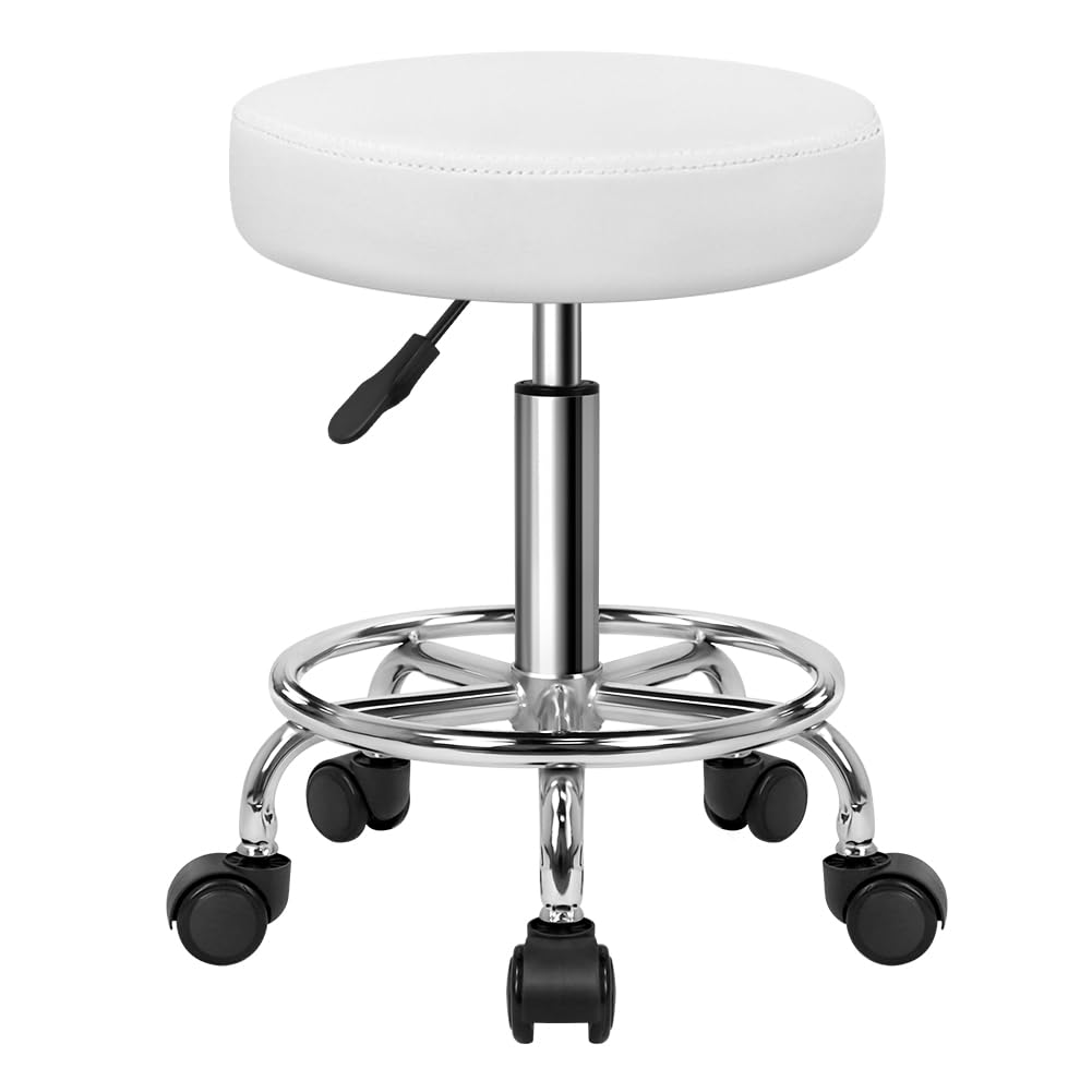 PU Leather Round Rolling Stool with Foot Rest Swivel Height Adjustable Stool Spa Drafting Salon Tattoo Work Office Massage Task Chair White Small (White)