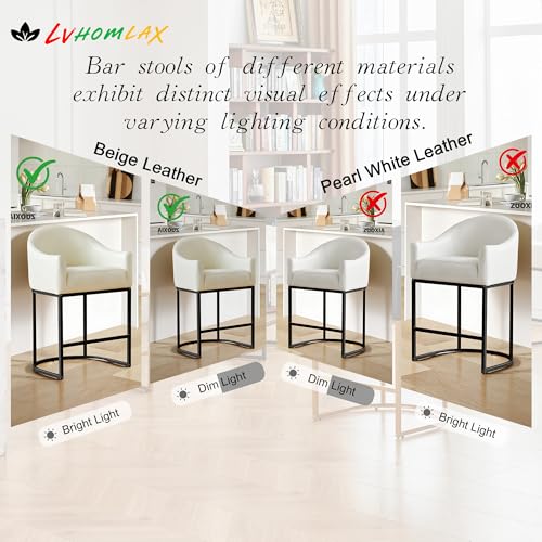 26" Modern Counter Height Bar Stools,Barstools with Arms,Kitchen Island Chairs,PU Leather Upholstered Barrel Bar Stools with Backs,Metal Black Frames,Beige White Leather