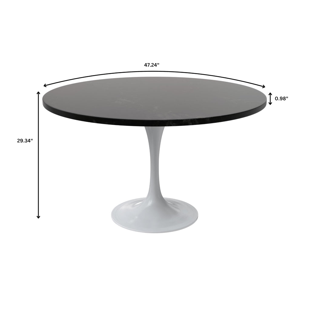 Mid-Century Modern 48 Inch Round Dining Table, MDF Wood Tabletop with White Steel Pedestal Base, Large Pedestal Kitchen & Dining Room Table, Breakfast Nook Table (Black)