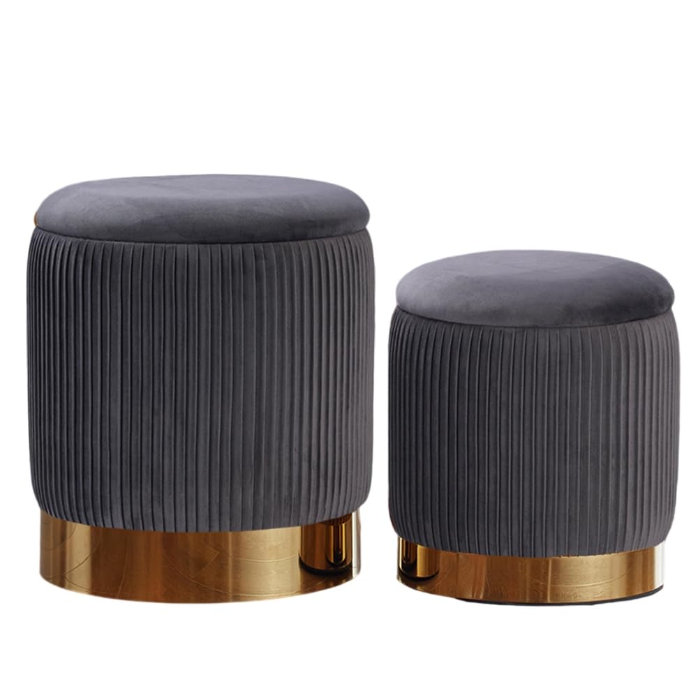 Round Ottoman with Storage Set of 2 Vanity Stool Foot Rest with Removable Lid for Bedroom Gray Velvet Storage Ottoman Coffee Table for Living Room and Dorm (Gray)