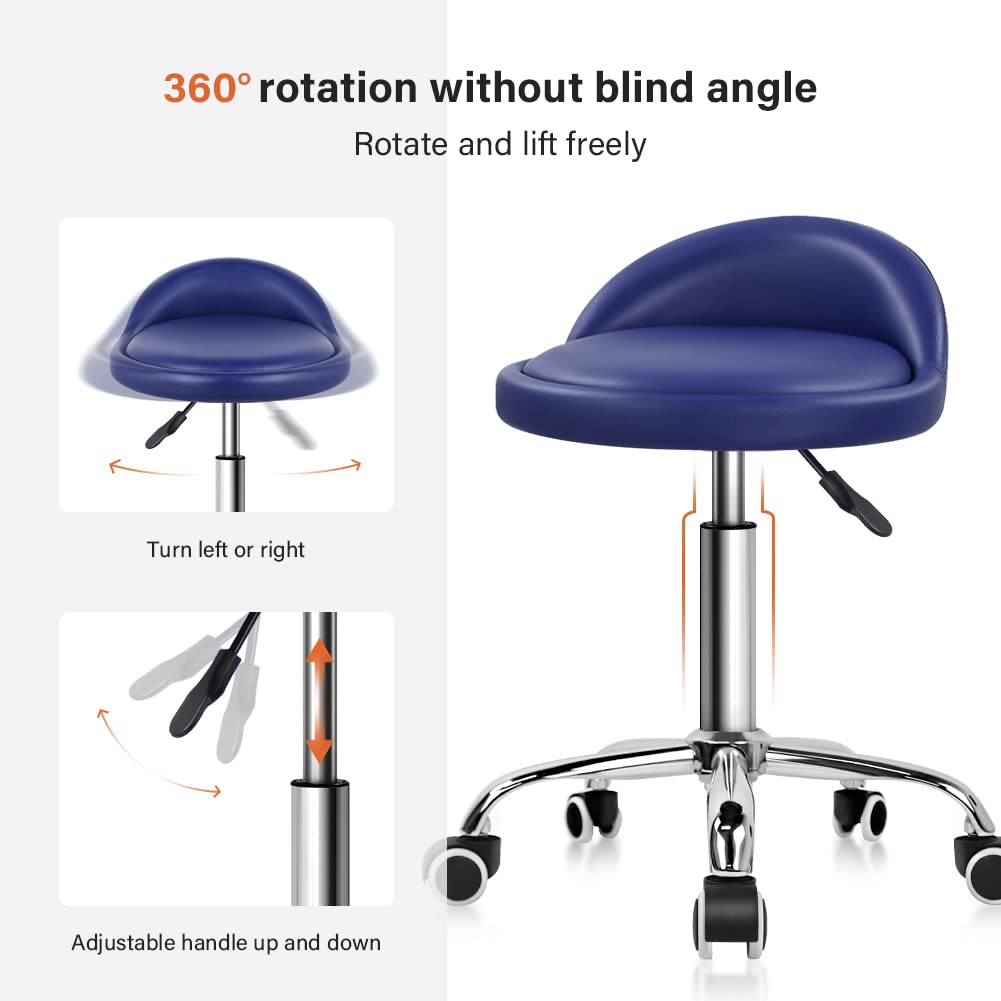 PU Leather Round Rolling Stool with Back Rest Height Adjustable Swivel Drafting Work SPA Task Chair with Wheels (Blue)