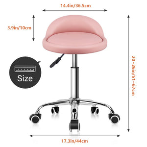 PU Leather Round Rolling Stool with Back Rest Height Adjustable Swivel Drafting Work SPA Task Chair with Wheels Pink