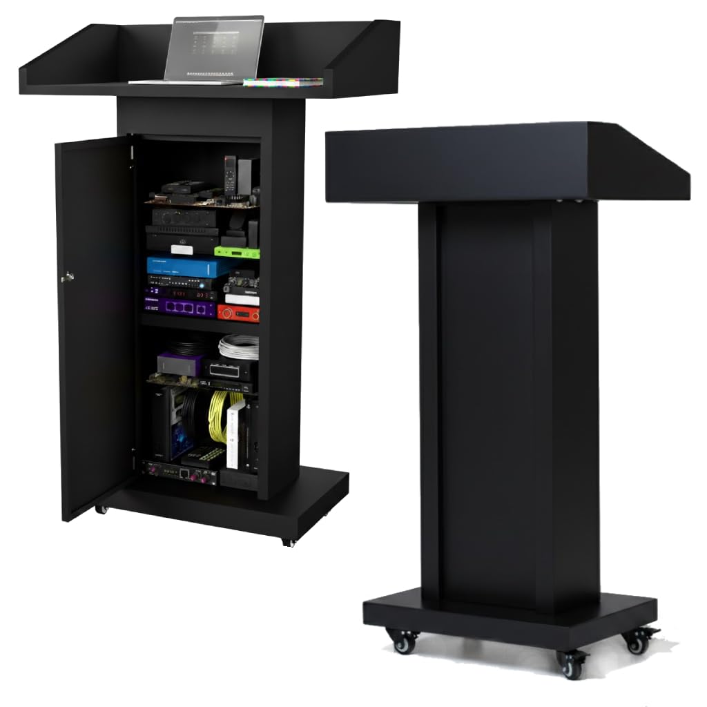 Heavy-Duty Black Metal Podium Stand with Lockable Wheels | Mobile Lectern with Storage Cabinet & Standard 44.56