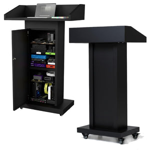 Heavy-Duty Black Metal Podium Stand with Lockable Wheels | Mobile Lectern with Storage Cabinet & Standard 44.56