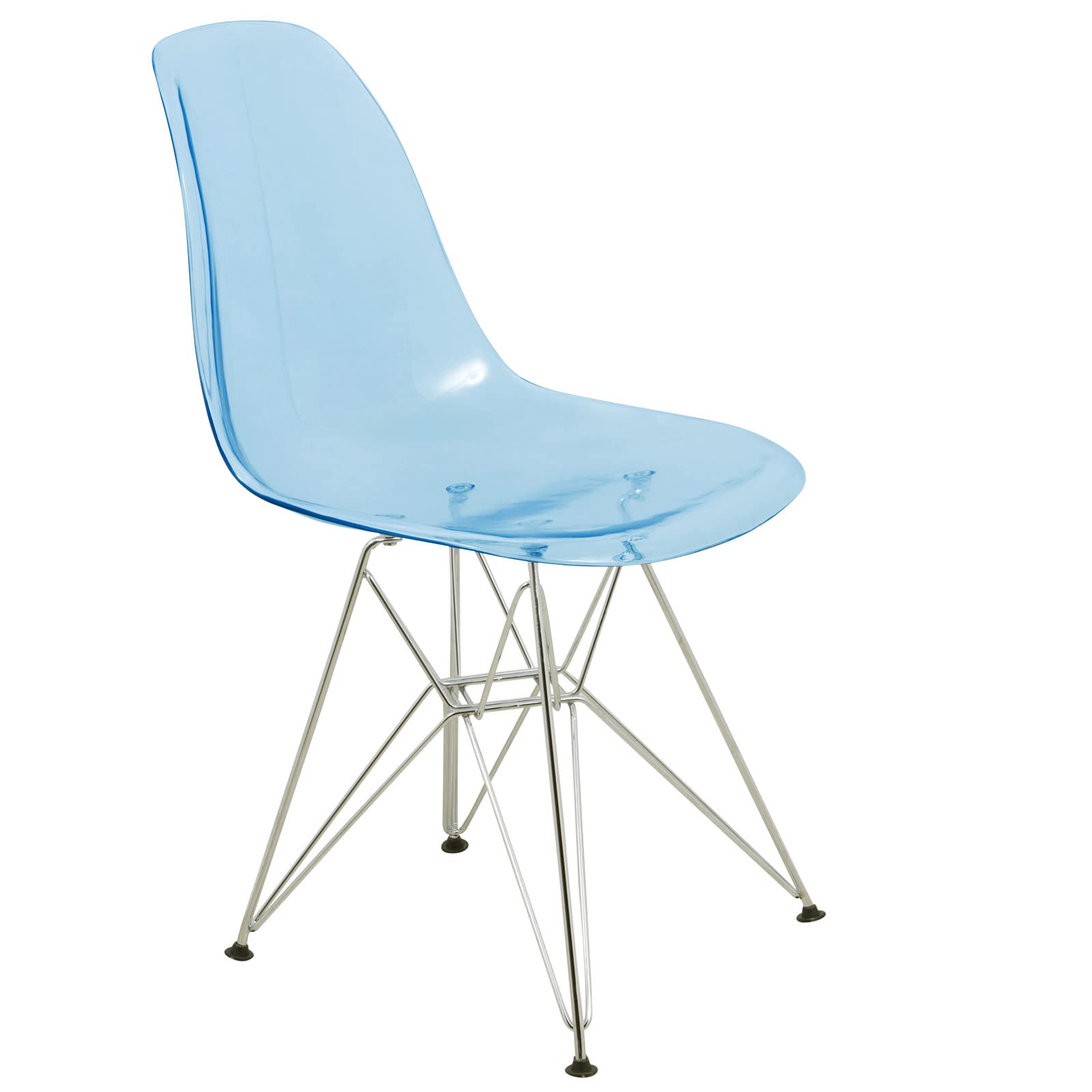 Mid Century Acrylic Dining Chair - Ergonomic & Lightweight Accent Side Chair with Curved Back & Chrome Eiffel Base for Home, Kitchen & Café, Transparent Blue