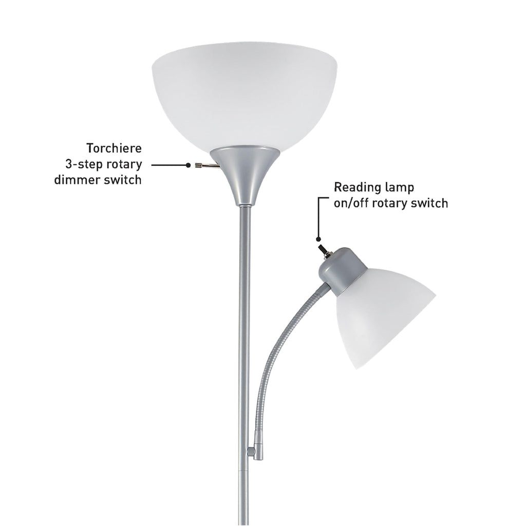 72" Torchiere Floor Lamp and Adjustable Reading Light, Silver, Frosted Shade, Dual Rotary Switch, 3-Step Dimming, Modern Lighting for Living Room or Office, Timeless