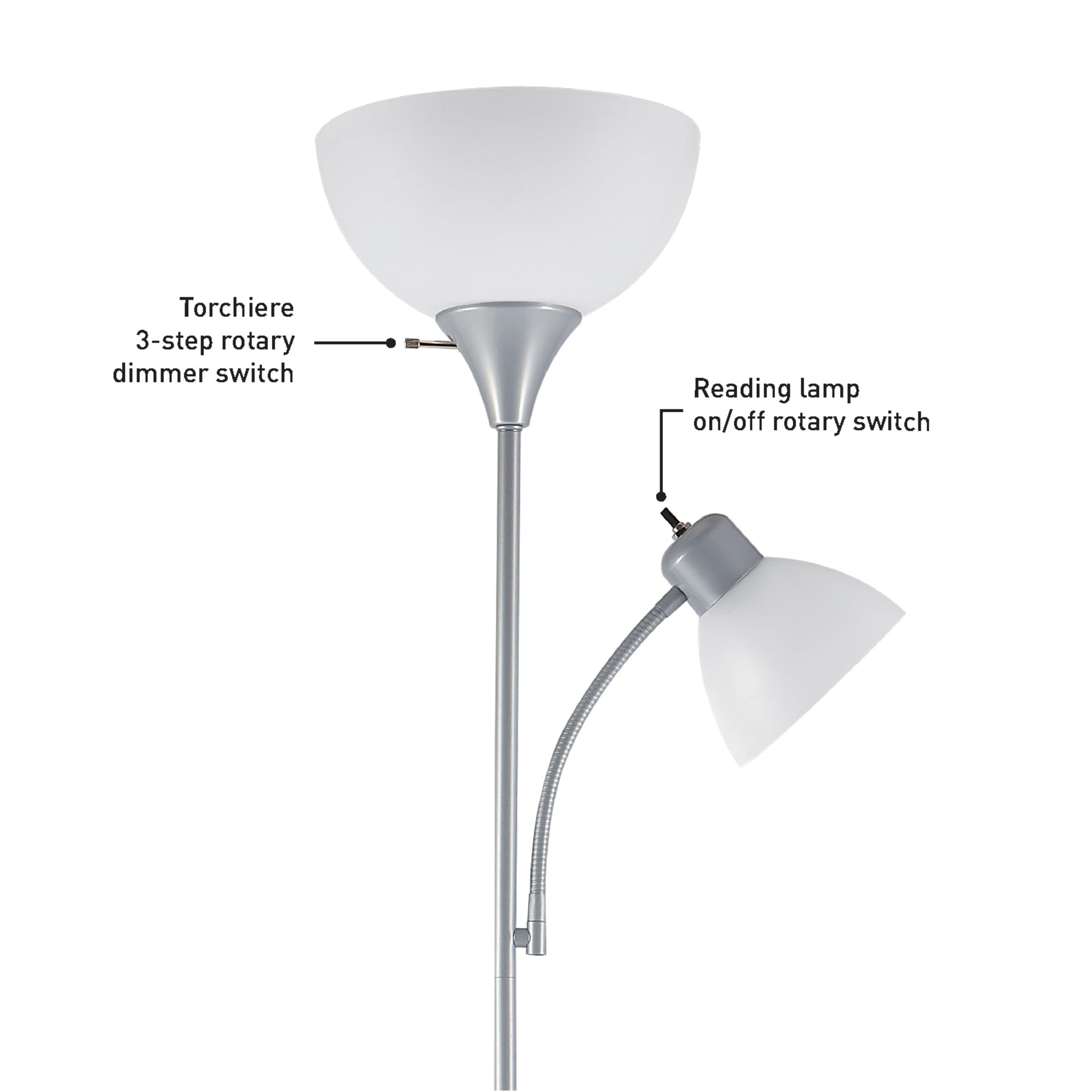 72" Torchiere Floor Lamp and Adjustable Reading Light, Silver, Frosted Shade, Dual Rotary Switch, 3-Step Dimming, Modern Lighting for Living Room or Office, Timeless