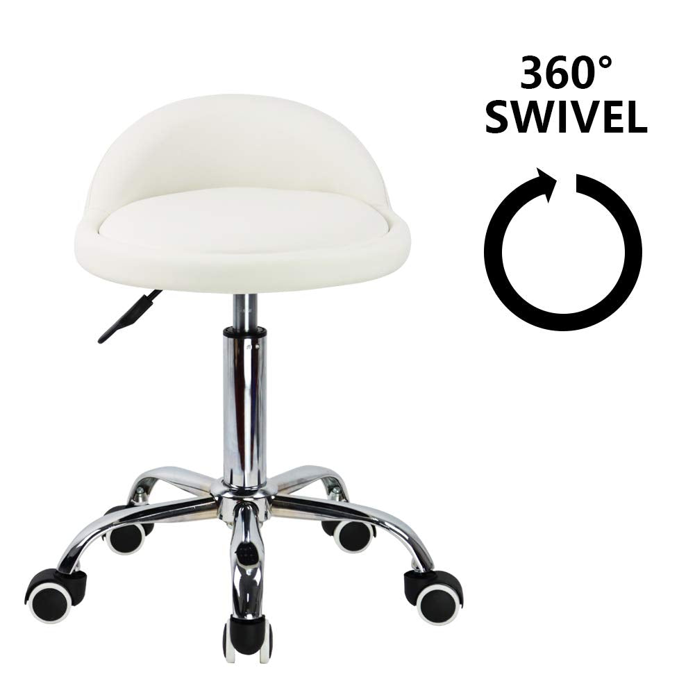 PU Leather Round Rolling Stool with Back Rest Height Adjustable Swivel Drafting Work SPA Task Chair with Wheels (White)