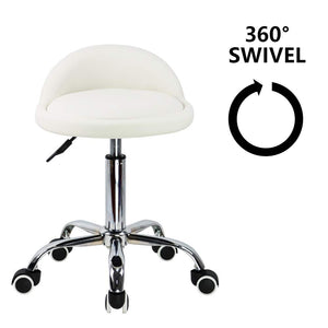 PU Leather Round Rolling Stool with Back Rest Height Adjustable Swivel Drafting Work SPA Task Chair with Wheels (White)