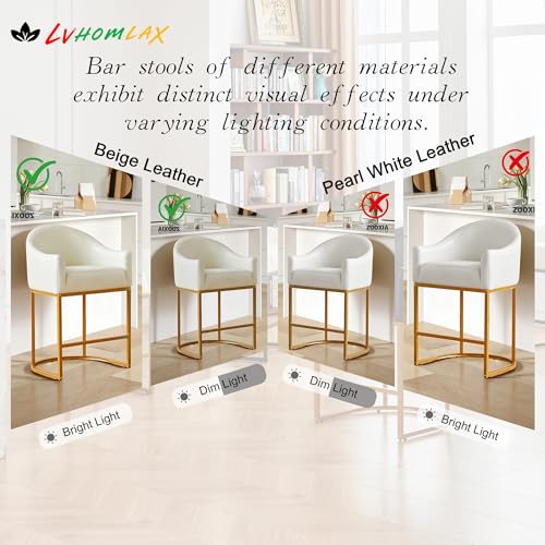 Counter Height Bar Stools Set of 4,Modern Counter Height Bar Stools,PU Leather Upholstered Barrel Barstools with Backs,26'' Kitchen Island Chairs,Metal Gold Frames,Beige White Leather