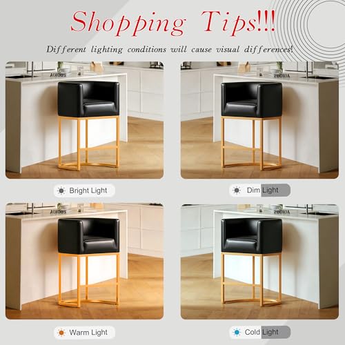 Modern Counter Height Bar Stools,Bar Stools Set of 3,PU Leather Upholstered Barrel Barstools with Backs,24'' Kitchen Island Chairs,Metal Gold Frames,Ink Black Leather