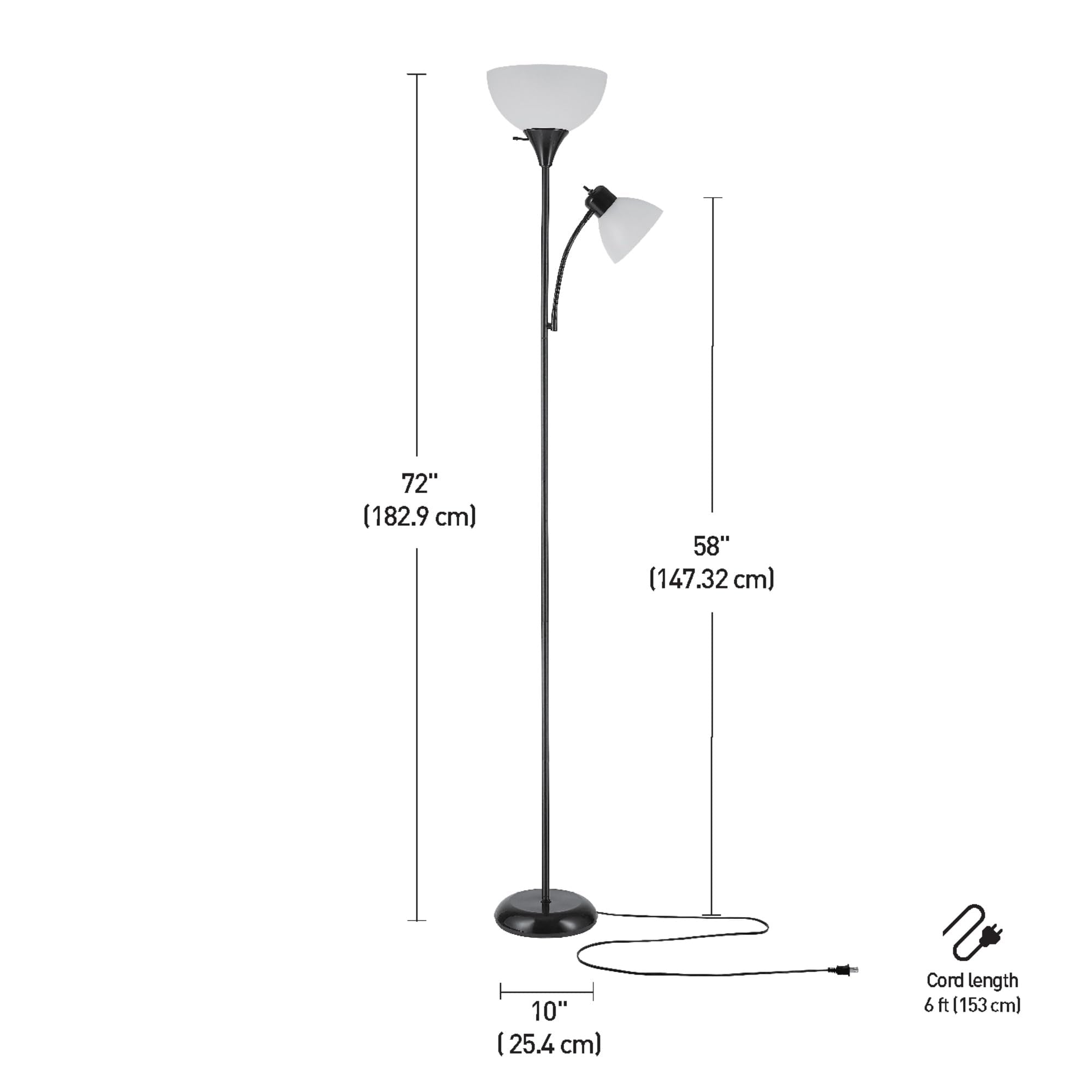 72" Torchiere Floor Lamp and Adjustable Reading Light, Matte Black, Frosted Shade, Dual Rotary Switch, 3-Step Dimming, Modern Lighting for Living Room or Office