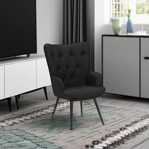 Velvet Accent Chair Modern Upholstered Side Armchair with Tapered Legs Tufted Button Wingback Sofa Chairs Tall Back Reading for Living Room Bedroom Waiting Room, Black