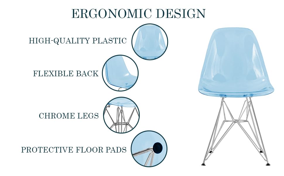 Mid Century Acrylic Dining Chair - Ergonomic & Lightweight Accent Side Chair with Curved Back & Chrome Eiffel Base for Home, Kitchen & Café, Transparent Blue