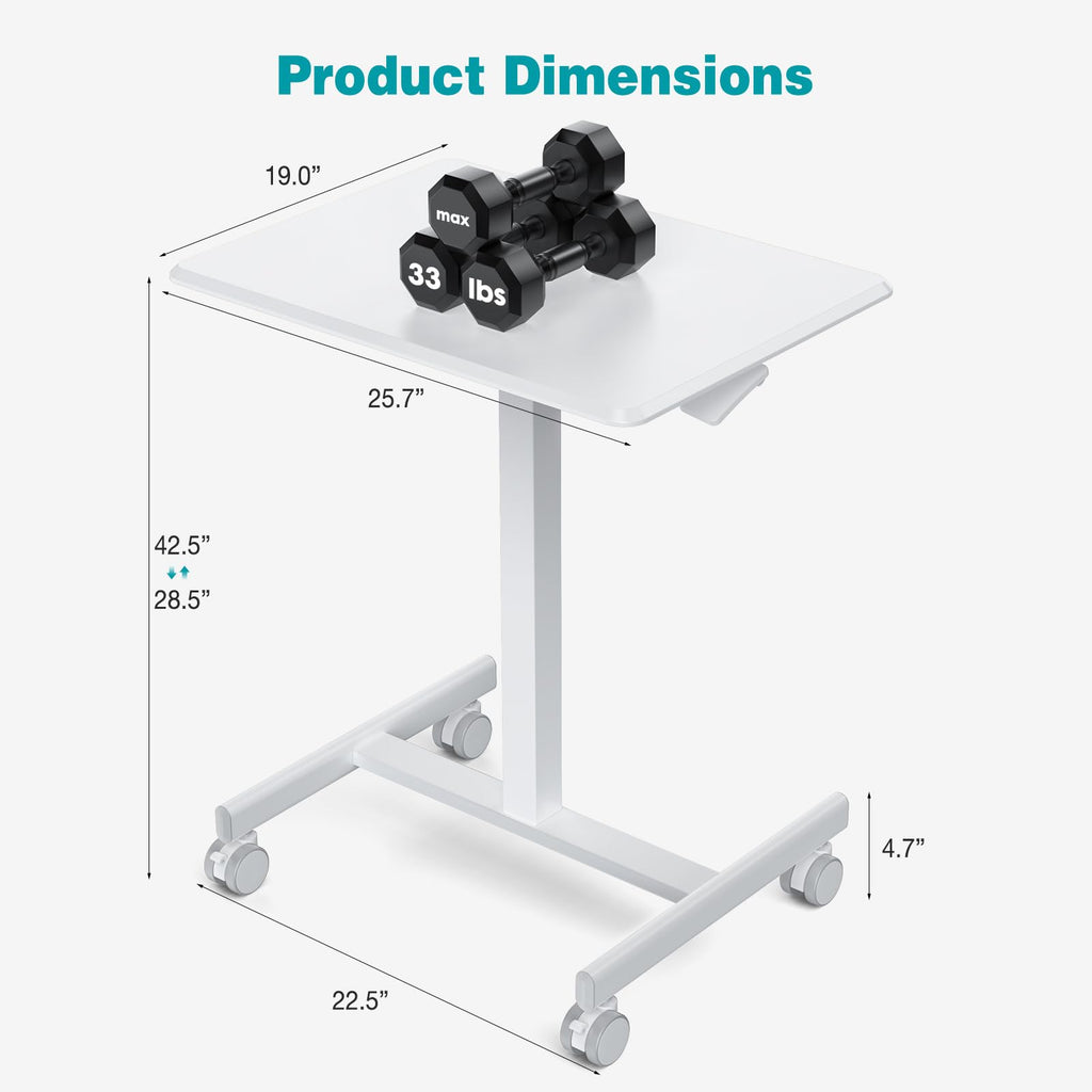 Small Rolling Desk Mobile Standing Portable Laptop PC Table with Wheels Adjustable Height Computer Workstation for Home Office, Space Saving Desk for Bedroom Study Use, White