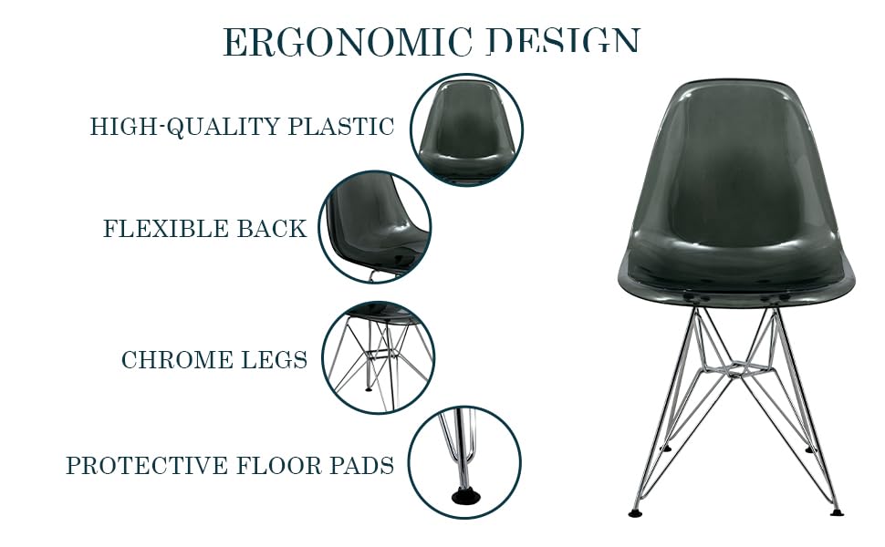 Dining, Modern Chrome Eiffel Base and Curved Back Design, Ergonomic and Lightweight Accent Side Chair for Mid-Century Home, Kitchen, and Café (Transparent Black, Set of 2)