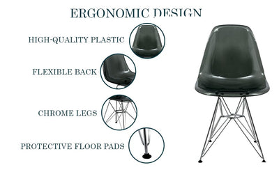 Dining, Modern Chrome Eiffel Base and Curved Back Design, Ergonomic and Lightweight Accent Side Chair for Mid-Century Home, Kitchen, and Café (Transparent Black, Set of 2)