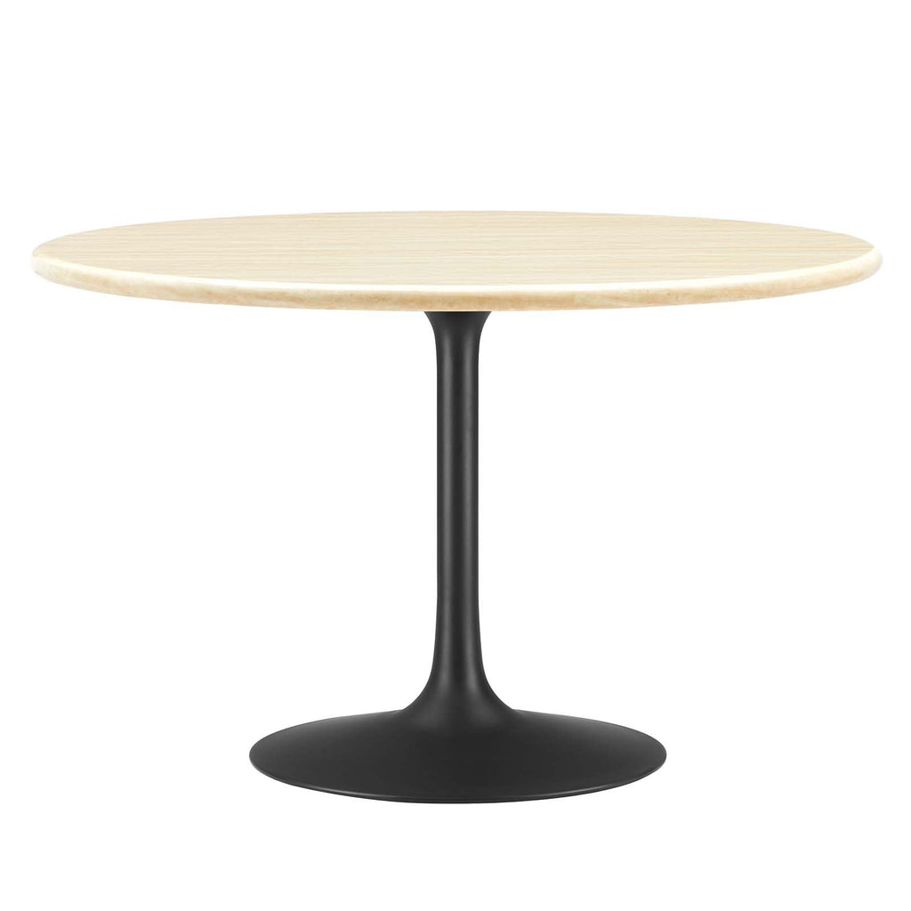 48" Round Artificial Dining Table with Tapered, Metal Base, Black Travertine