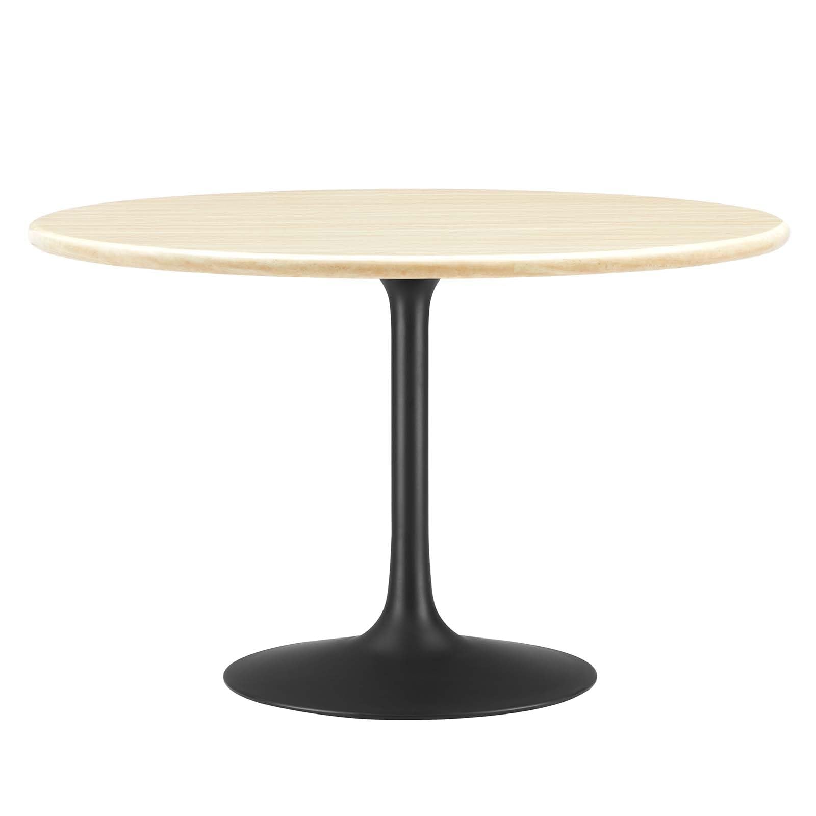 48" Round Artificial Dining Table with Tapered, Metal Base, Black Travertine