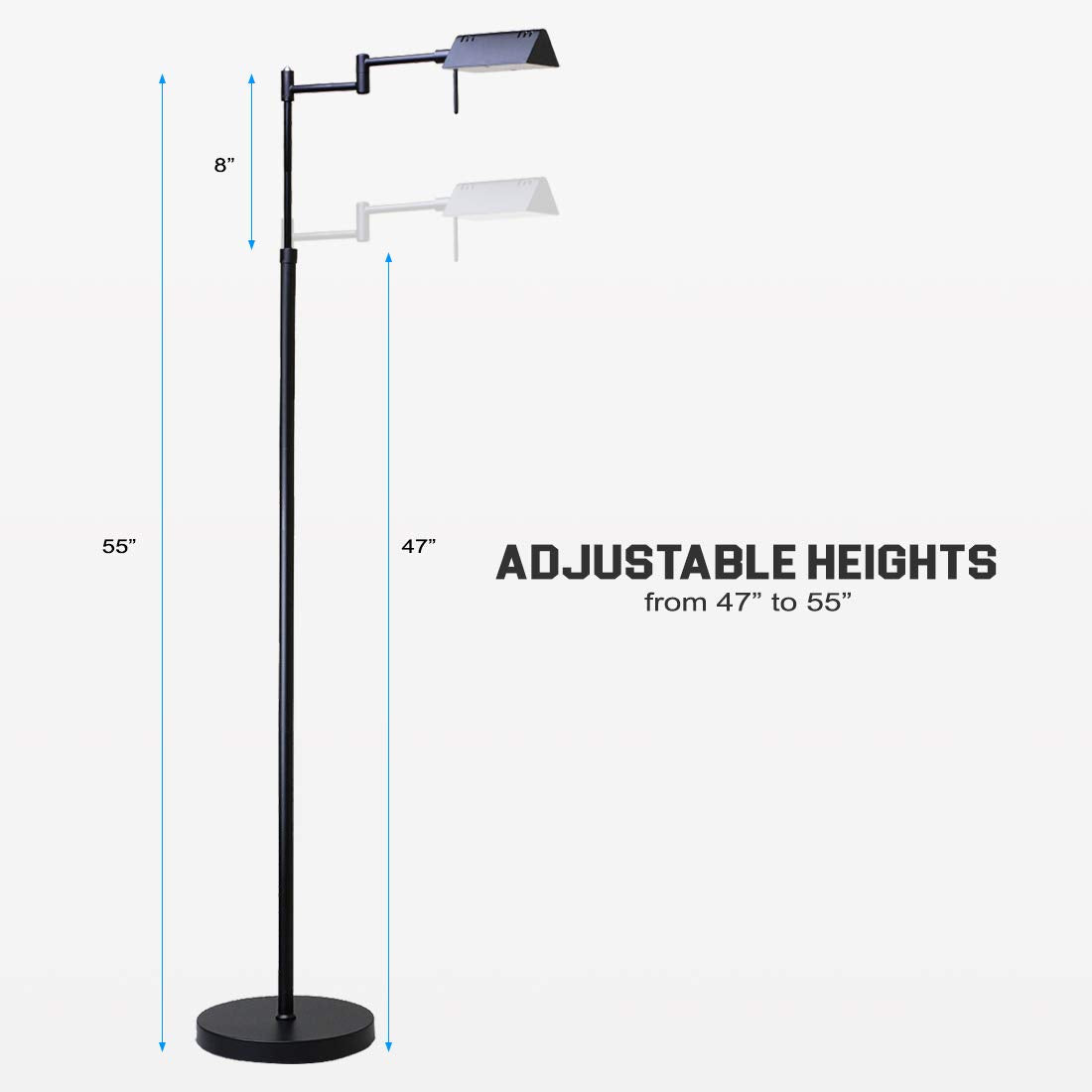 Dimmable LED Pharmacy Floor Lamp, 12W LED, Full Range Dimming, 360 Degree Swing Arms, Adjustable Heights, Standing Lamp for Reading, Sewing, and Craft, ETL Listed (Black)