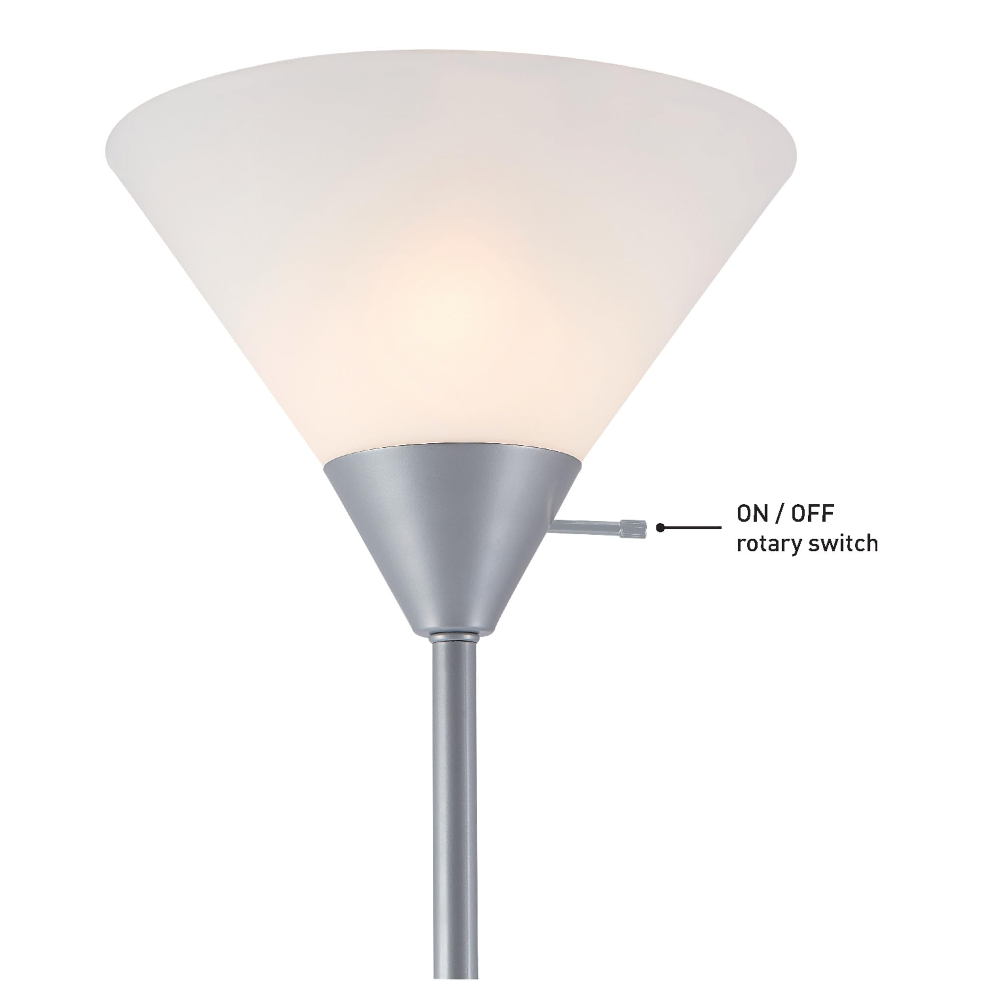 72" Floor Lamp, Silver, White Plastic Shade, On/Off Rotary Switch on Shade, Standing, Living Room Decor, Bedroom, Tall, Corner Light