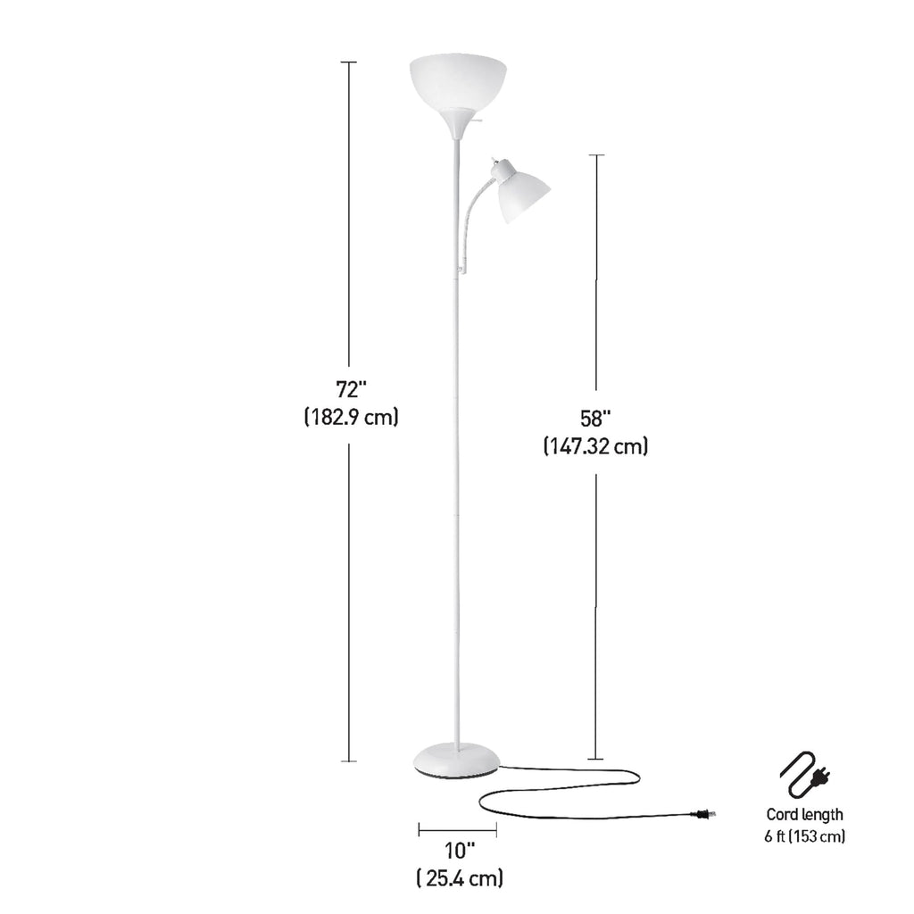 72" Torchiere Floor Lamp with Adjustable Reading Light, Matte White Finish, Frosted Shades, Rotary Switch on Socket, E26 Base