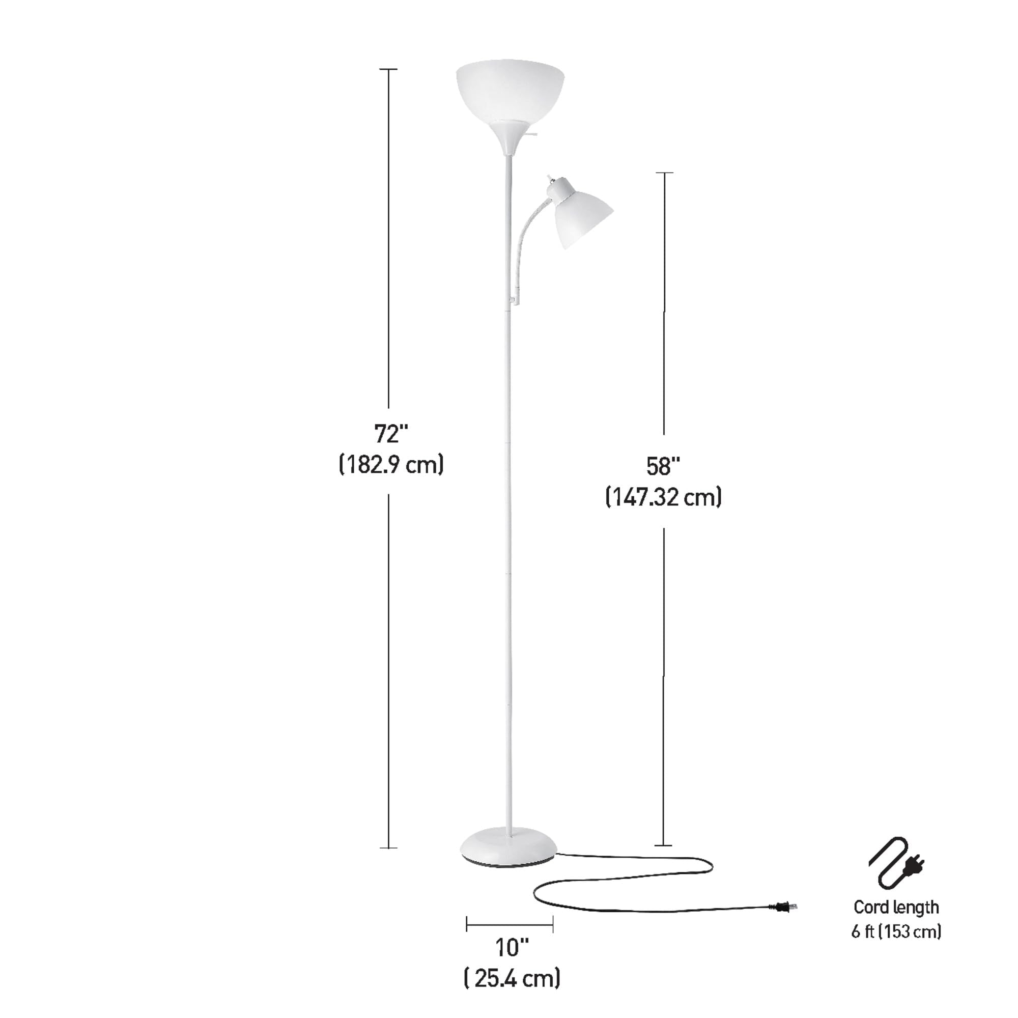 72" Torchiere Floor Lamp with Adjustable Reading Light, Matte White Finish, Frosted Shades, Rotary Switch on Socket, E26 Base