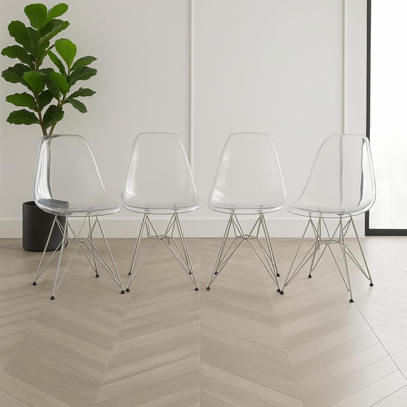 Dining, Modern Chrome Eiffel Base and Curved Back Design, Ergonomic and Lightweight Accent Side Chair for Mid-Century Home, Kitchen, and Café, Set of 4, Unspecified, Clear