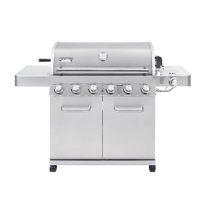 6+1 Burner Stainless Steel Cabinet Style Propane Gas Grill with Knob Controls, Side Burner, Built-In Thermometer, and Rotisserie Kit