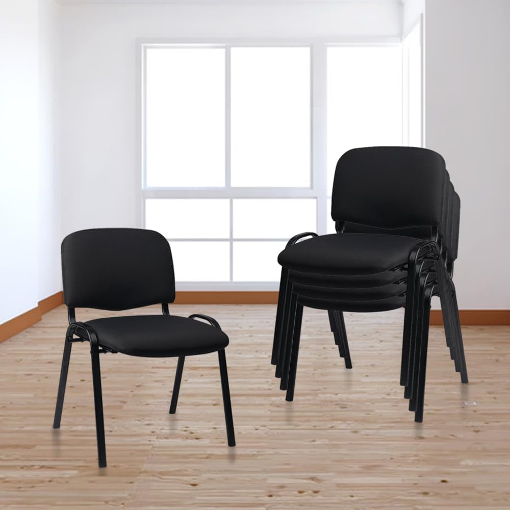 Set of 5 Pack Stackable Waiting Room Chairs Fabric Black Reception Chair Metal with Thickened Seat Back Cushion for Waiting Conference Room Guest Stool (5 Pack)