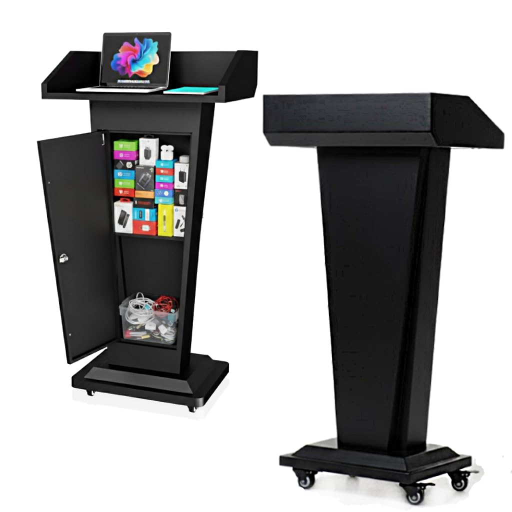 Heavy-Duty Black Metal Podium Stand with Lockable Wheels | Mobile Lectern with Storage Cabinet & Standard 50.4