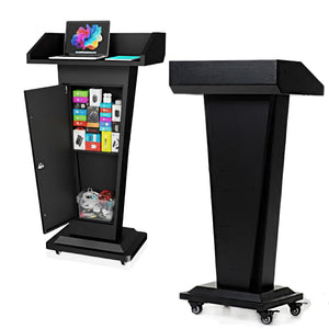 Heavy-Duty Black Metal Podium Stand with Lockable Wheels | Mobile Lectern with Storage Cabinet & Standard 50.4