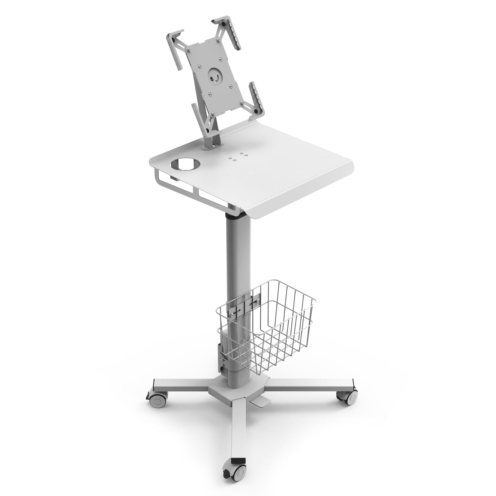 Adjustable Rolling Medical Cart: Pneumatic Mobile Workstation with iPad Enclosure for 9.7-13