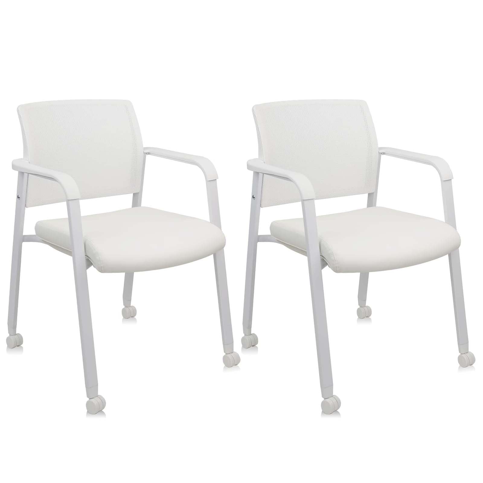 Set of 2, White, Stacking Office Chairs | Mesh Back, Thicken Leather Seat and Arms, Ergonomic Lumber Support | Guest Reception, Waiting, Conference, School, Party, Customer, Side, Stationary |