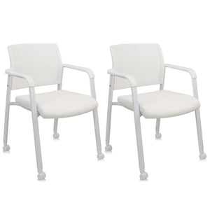 Set of 2, White, Stacking Office Chairs | Mesh Back, Thicken Leather Seat and Arms, Ergonomic Lumber Support | Guest Reception, Waiting, Conference, School, Party, Customer, Side, Stationary |