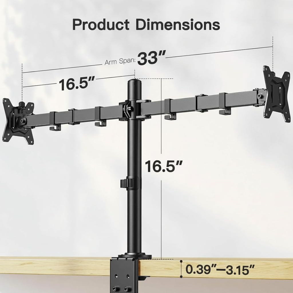 Dual Monitor Desk Mount for 13″–34″ Monitors up to 26.5 lbs, Fully Adjustable Monitor Stand Holds 2 Computer Screens, Heavy-Duty Dual Monitor Arm with C-Clamp & Grommet Base, Black, EGCM13B