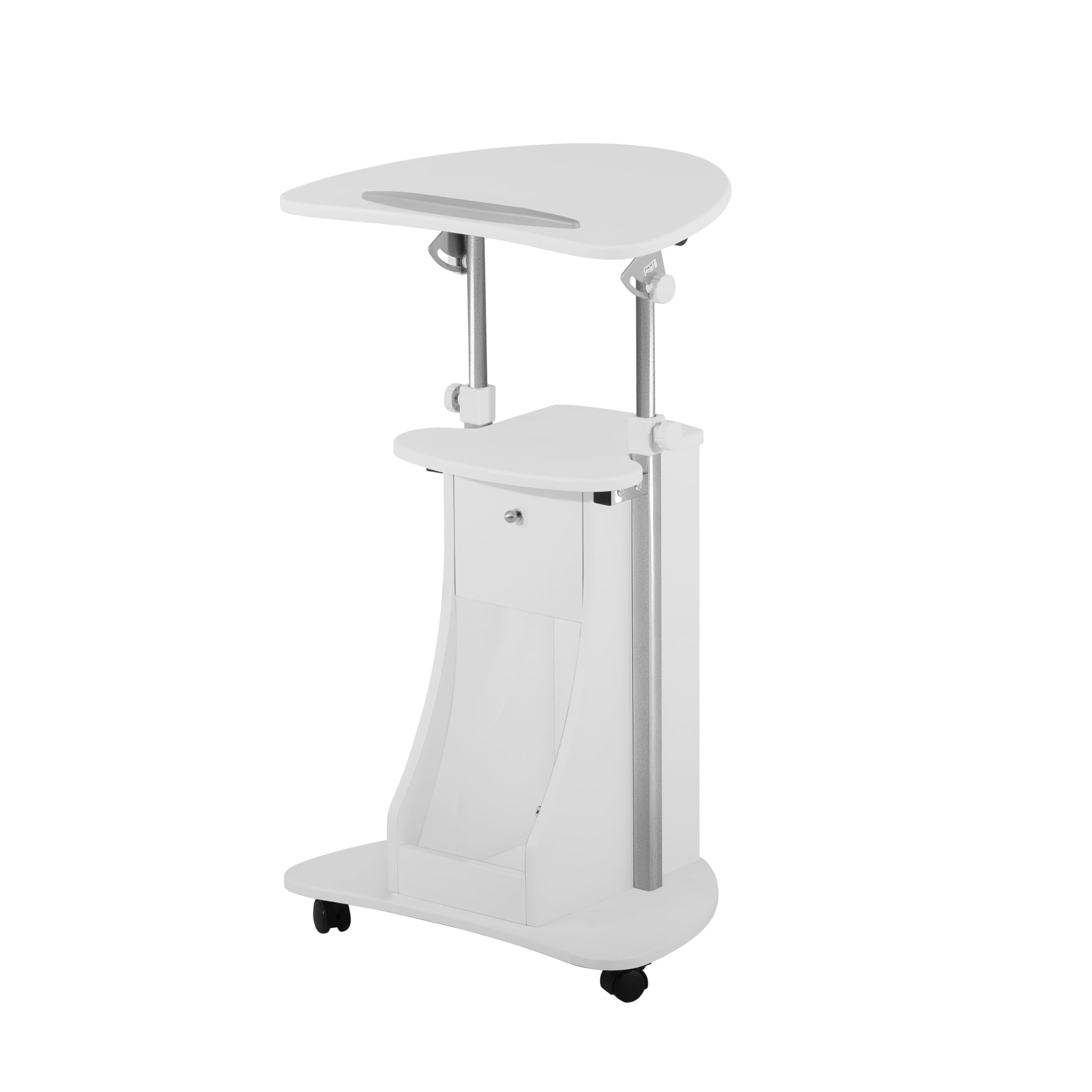 Adjustable Height Rolling Laptop Cart with Storage, Sit to Stand Desk with Wheels, Podium Stand or Medical Cart, White