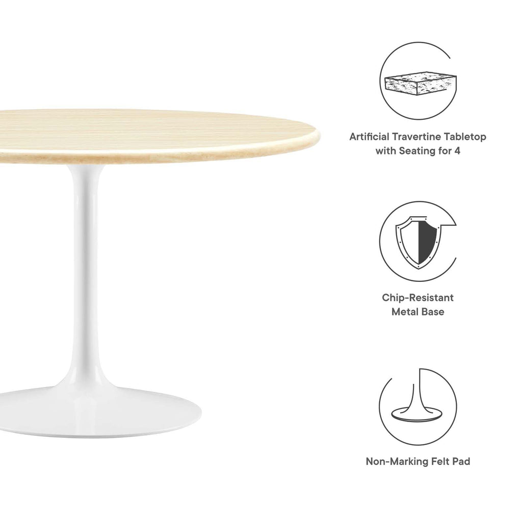 48" Round Artificial Dining Table with Tapered, Metal Base, White Travertine